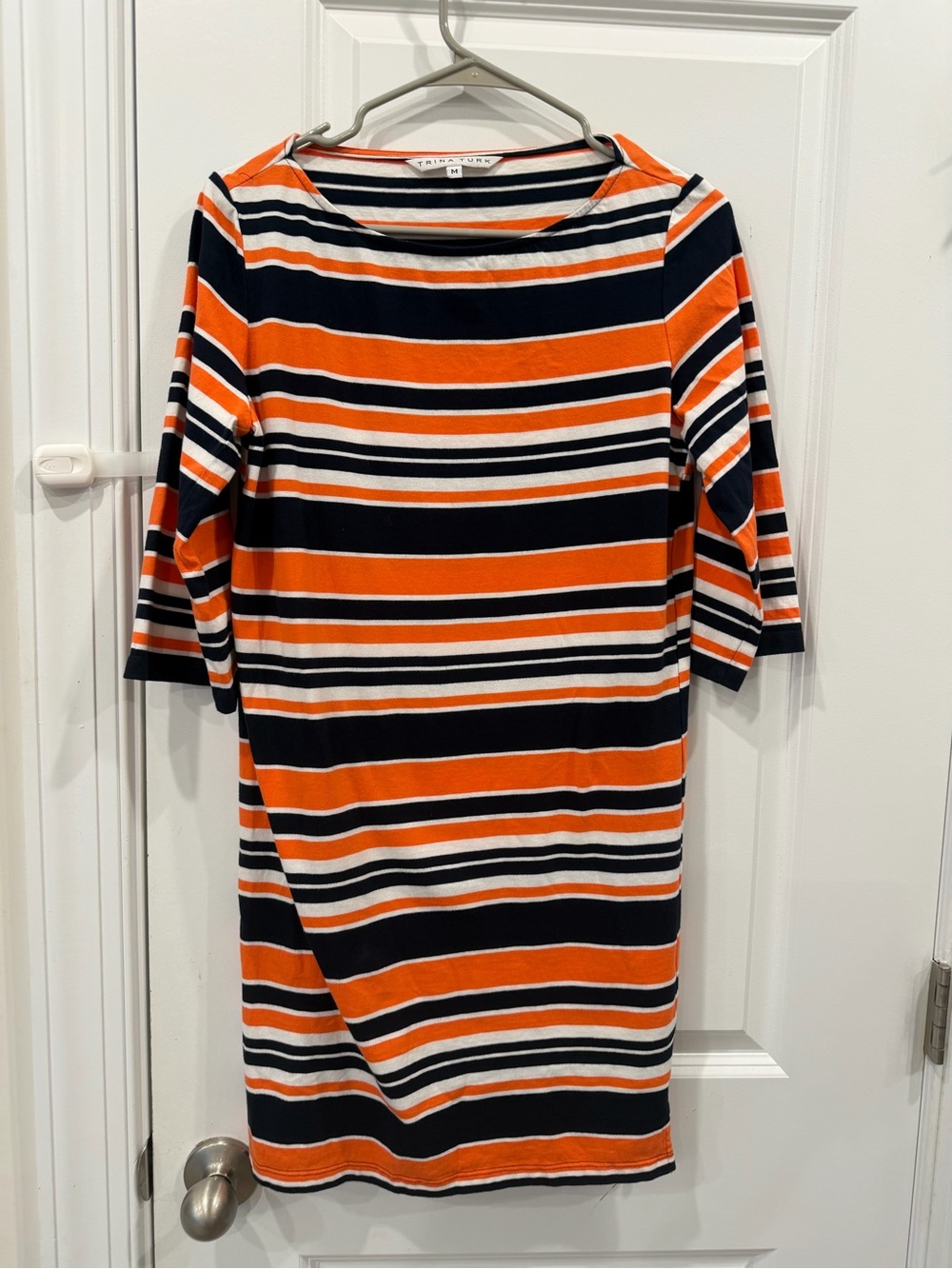 Trina Turk Orange & Navy Striped Cotton Boatneck Shift Dress M